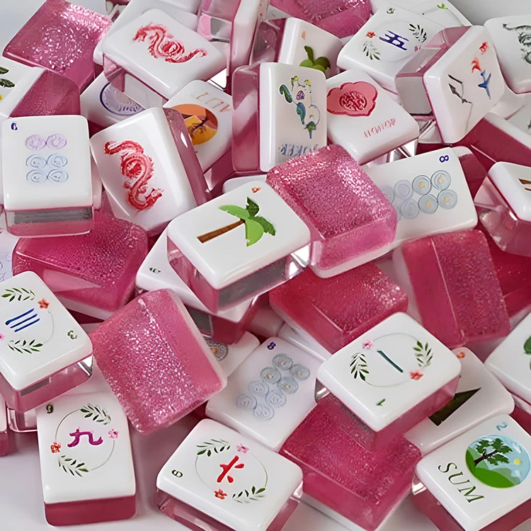 Azulejos Mahjong acrílicos con purpurina rosa